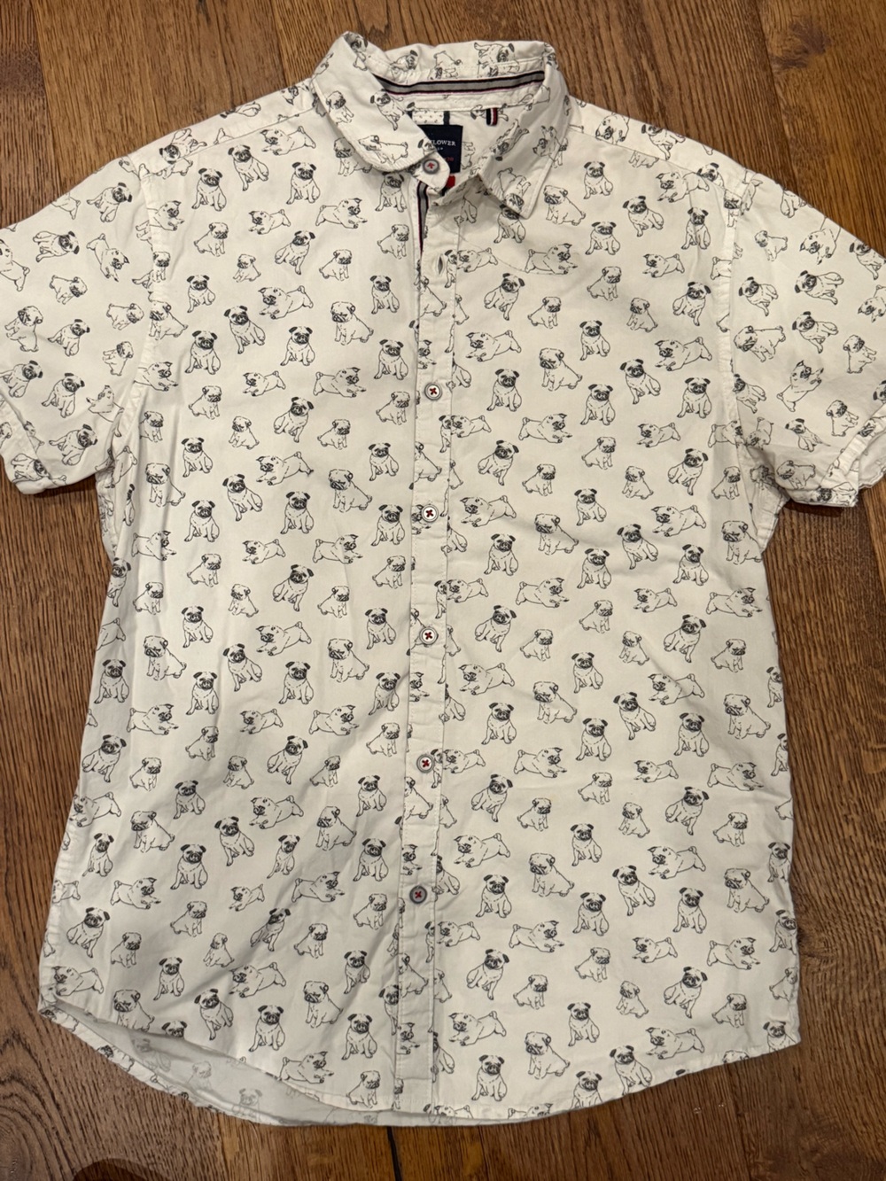 Denim & Flower Pug Dog Print Button Up Shirt Size Men’s Small